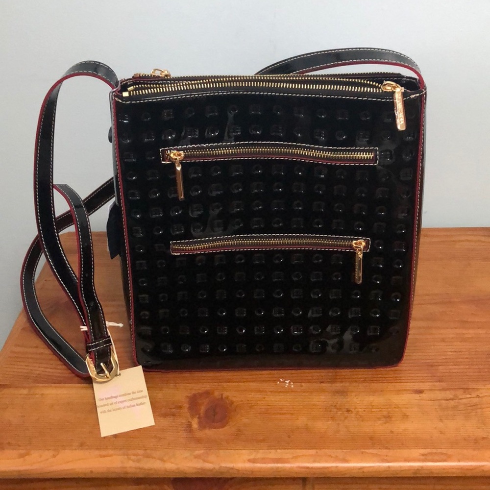 NWT Arcadia Patent Logo Embossed Cross Body Bag